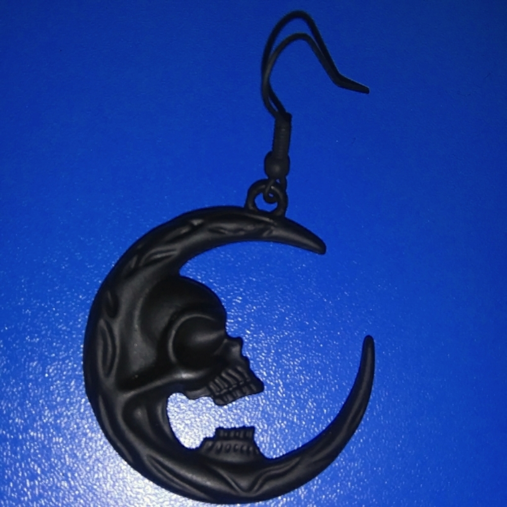 New Matte Black Moon Skull Earrings
